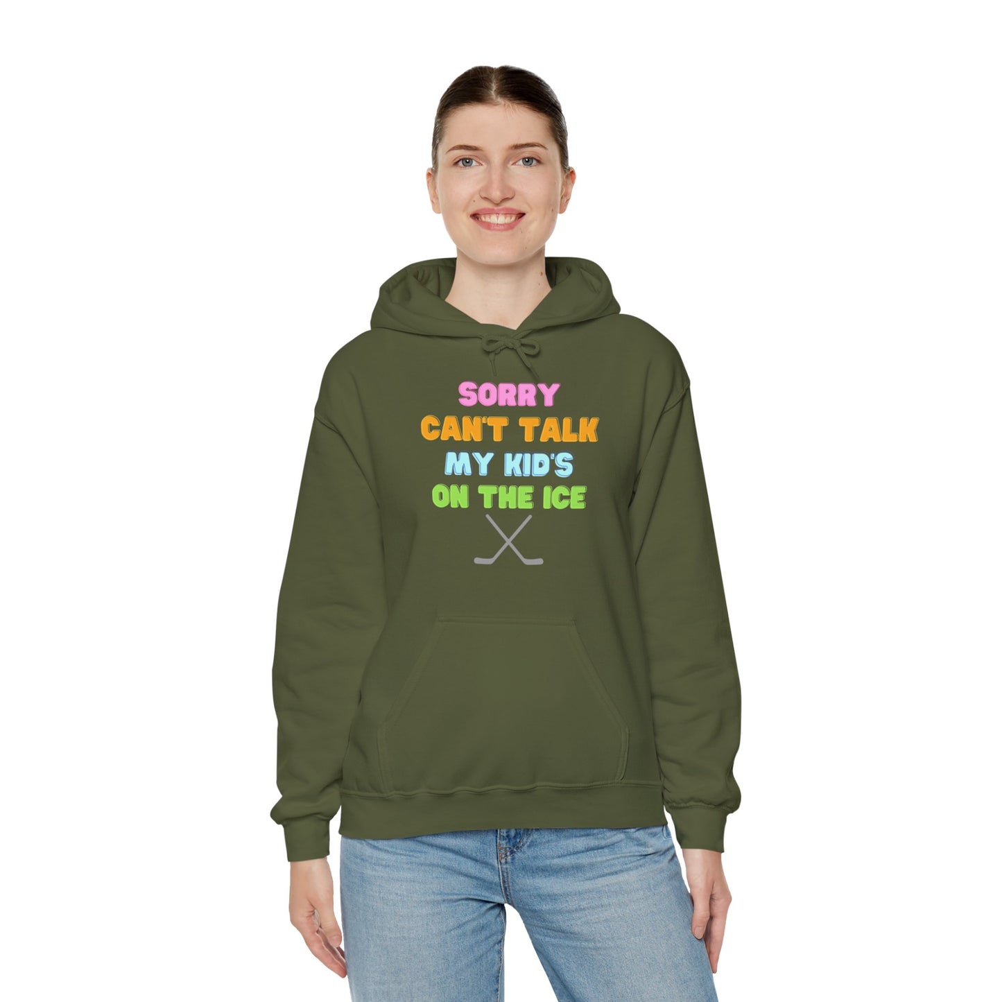 Sorry Can't Talk My Kid's On the Ice - Unisex Heavy Blend™ Hooded Sweatshirt