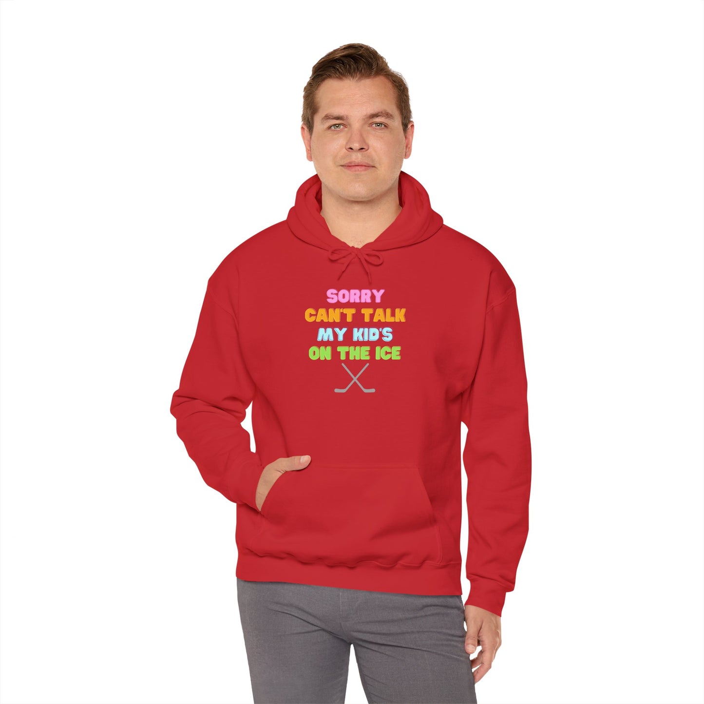 Sorry Can't Talk My Kid's On the Ice - Unisex Heavy Blend™ Hooded Sweatshirt