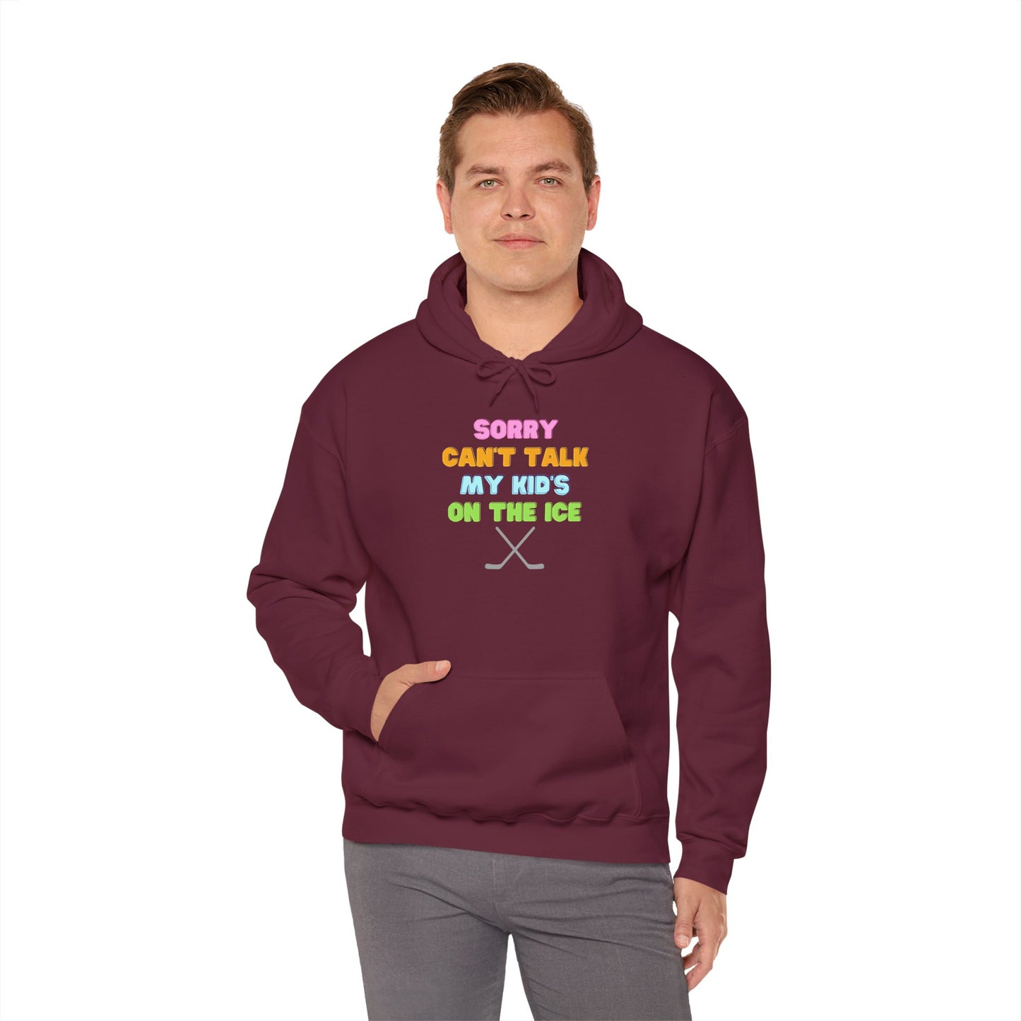 Sorry Can't Talk My Kid's On the Ice - Unisex Heavy Blend™ Hooded Sweatshirt